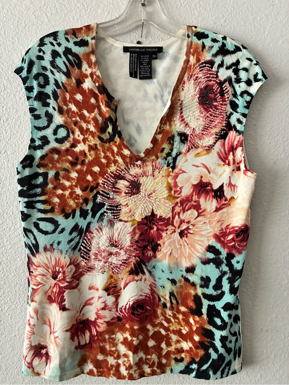 MICHELLE NICOLE RAYON NYLON SPANDEX FLORAL ANIMAL PRINT SEQUINED SLEEVELESS TOP